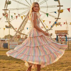 Pink City Prints Zazie Rainbow Stripe Midi Dress Boho Cotton NWT Size L